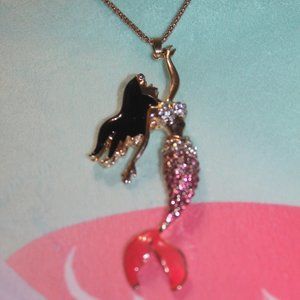 Nwtag: Black Hair, Pink Crystal Mermaid Necklace